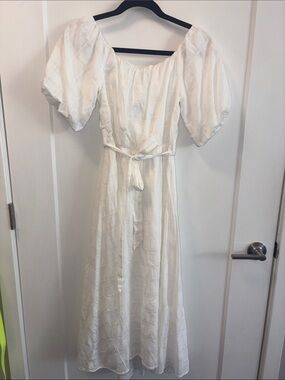 MINKPINK White Puff-Sleeve Midi Dress with Belt